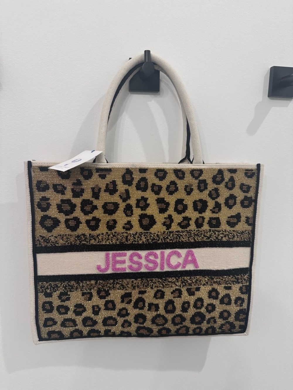 NWT Custom special ordered Pink “Jessica” Leopard beaded Print Tote Bag